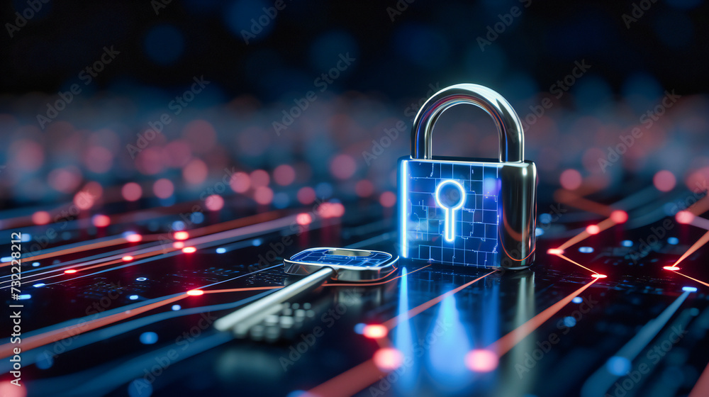 Poster digital lock and cybersecurity concept, secure network and data protection, technology background wi