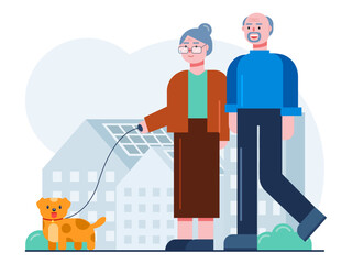 Elderly couple walking in urban area with pet dog. Senior citizen vector illustration.