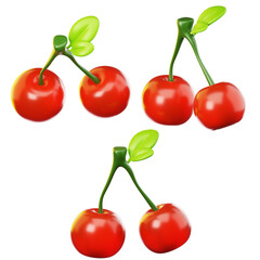 3D Icon fresh cherries on three points of view. On transparent background. On transparent background. 3D illustration. High resolution	
