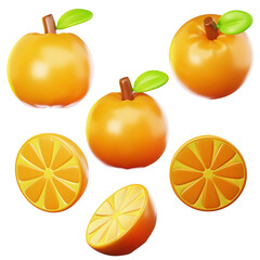 3D Icon fresh orange fruit on three points of view. On transparent background. On transparent background. 3D illustration. High resolution	
