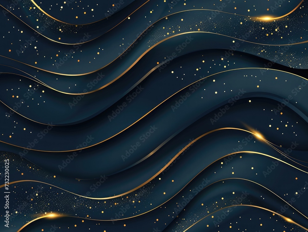 Poster abstract curve overlapping on dark blue background with glitter and golden lines glowing dots golden