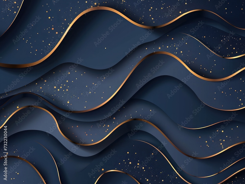 Poster abstract curve overlapping on dark blue background with glitter and golden lines glowing dots golden
