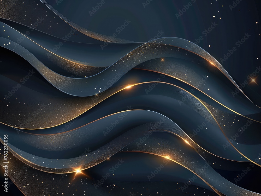 Poster abstract curve overlapping on dark blue background with glitter and golden lines glowing dots golden