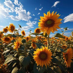 Close up shot of a sunflower garden in a sunny day, Generative ai.