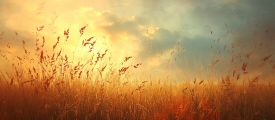 A natural landscape, with tall grass swaying under the sun shining through clouds, creating a scenic play of light and shadow.