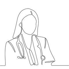 Female doctor in continuous one line art drawing. Vector illustration woman profession.