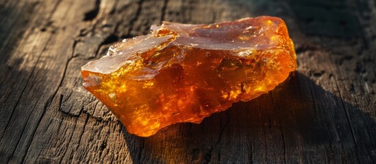 A piece of natural amber is placed on a wooden table, serving as a decorative element in a cuisine-themed setting.