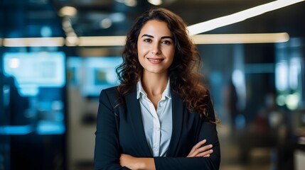 Obraz premium Confident business woman standing in a office with subtle smile on a face 