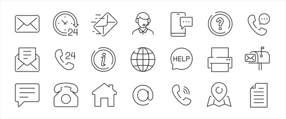 Contact us minimal thin line icons. Related e-mail, phone, chat, call, message. Editable stroke. Vector illustration. - obrazy, fototapety, plakaty