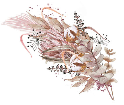 Watercolor boho composition with cotton flowers, lotus and dry branches and herbs. Design for wedding invitations, anniversaries, baptisms. Hand drawn illustration, isolated