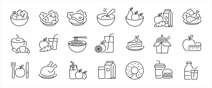 Food minimal thin line icons. Related fresh fruit, vegetable, coffe, salad, meat. Editable stroke. Vector illustration.