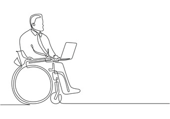 Fototapeta na wymiar Disabled people using wheelchair. Continuous one line drawing.