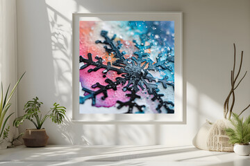 The room decorated in a minimalist style with picture frames and paintings is breathtaking.