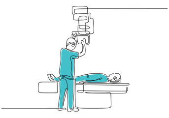 Xray machine taking image continuous one line art drawing. Helathcare check up with radiology equipment. People diagnosis in hospital concept.