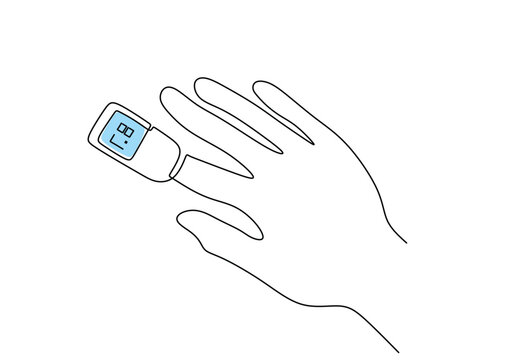 Continuous one line art drawing. Hand with pulse oximeter on finger. Digital device to measure oxygen saturation in human.
