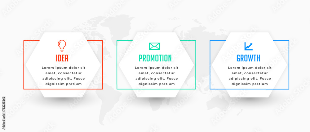 Sticker 3 steps infographic process chart banner with world map design
