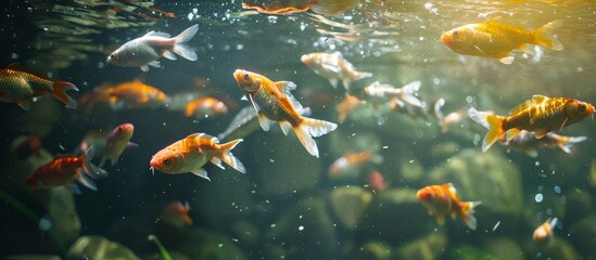 A school of goldfish, with their vibrant fins and tails, gracefully swim in the underwater world of a serene pond.