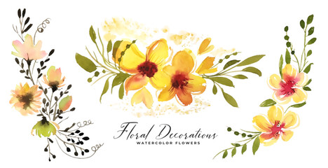 watercolor style lovely blossom flourish bouquet element in set