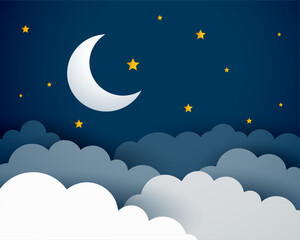 papercut style half moon and star background with clouds design