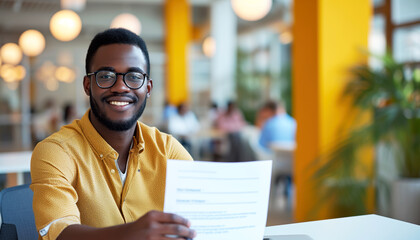 Obraz premium A happy candidate holds his resume in his hands after a successful interview and receiving a job invitation