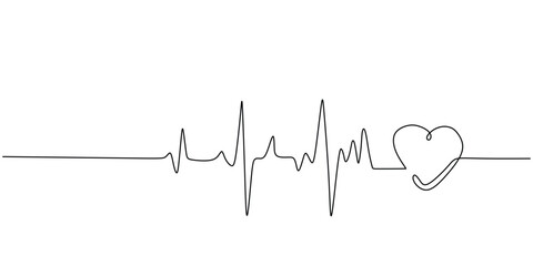 heart pulse Continuous one line drawing. Heartbeat cardiogram healthcare concept. Vector illustration single sketch outline.