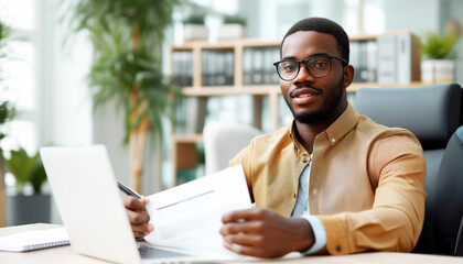 Obraz premium The recruiter holds the candidate's resume in his hands and conducts an interview with the candidate at a desk in an ultra-modern office