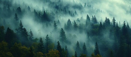 A foggy forest with trees covered in fog creates a mystical atmosphere, as clouds intertwine with the natural landscape.