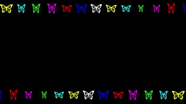 Moving colorful butterflies decorative frame on plain black background