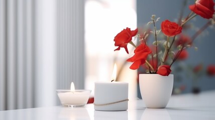 white vase with red flower on table. generative ai