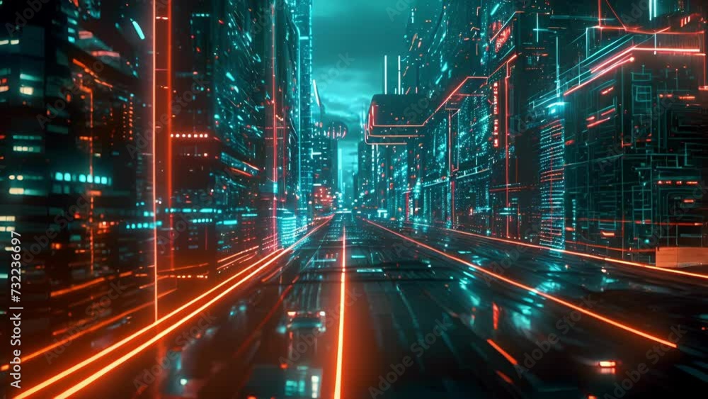 Poster a digital cityscape emerges from the neon circuit lines and data streams of the neon matrix a testam