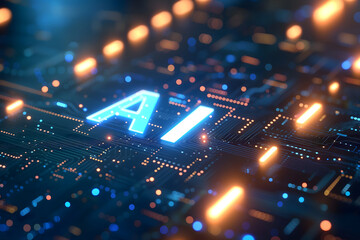 word AI - artificial intelligence circuit board with blue and orange glow, dedicated AI hardware concept - obrazy, fototapety, plakaty
