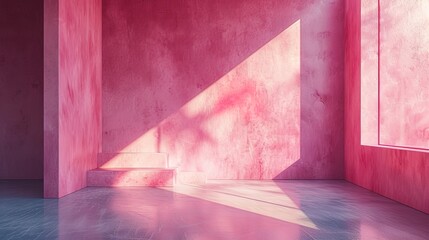 Empty pink plaster wall and floor in apartment, modern interior.