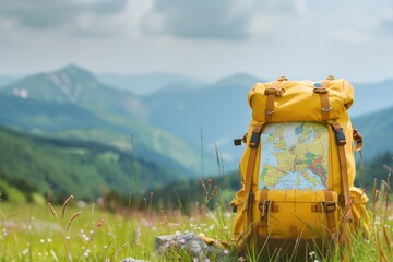 Tourist yellow backpack and map on background green grass nature in mountain, blurred panoramic landscape.