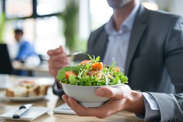 Businessman at working place with vegetable salad in bowl and fork in hand, diet and eating right...