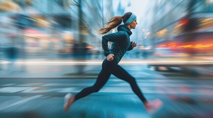 A young female runner jogging at night on a city street with street lights with night exercise concept