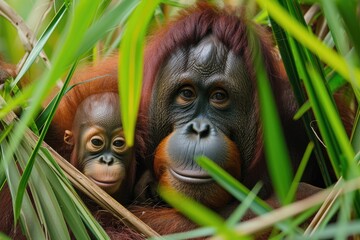 Female of the orangutan with a baby in a thicket of grass