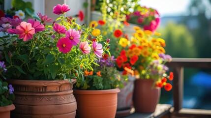 Fototapeta na wymiar Colorful flowers growing in pots on the balcony.