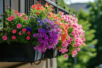 Obraz premium Colorful flowers growing in boxes hanging on balcony fence