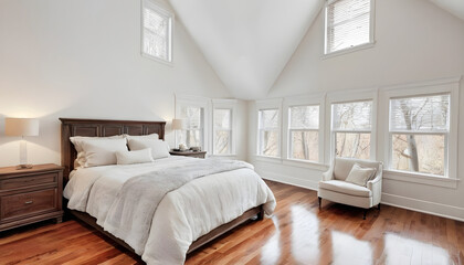 white elegant bedroom with cathedral ceiling and hardwood floors