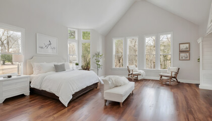 white elegant bedroom with cathedral ceiling and hardwood floors