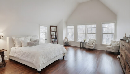 white elegant bedroom with cathedral ceiling and hardwood floors