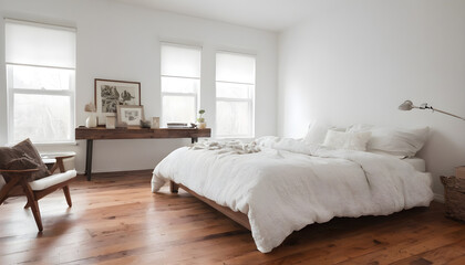 white elegant bedroom with cathedral ceiling and hardwood floors