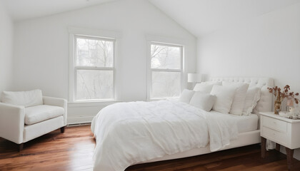 white elegant bedroom with cathedral ceiling and hardwood floors