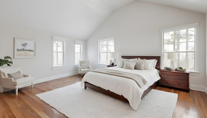 white elegant bedroom with cathedral ceiling and hardwood floors