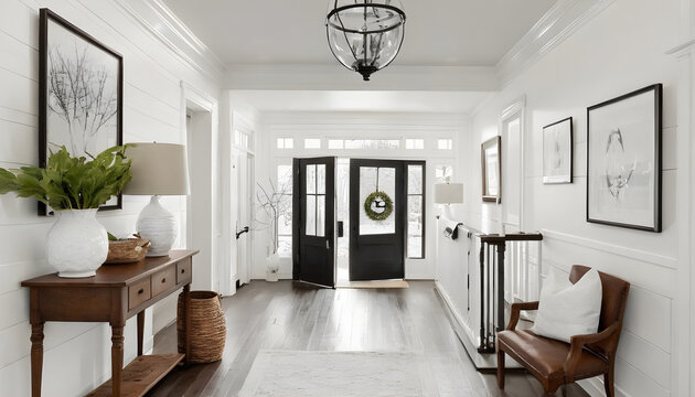 beautiful home foyer with black and white decor