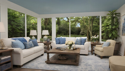 blue and white decor on family room porch