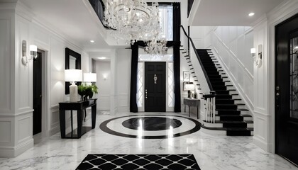 beautiful home foyer with black and white decor