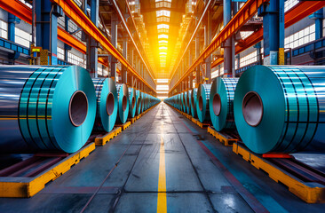 Fototapeta premium Steel Production Line, Industrial Factory Interior with Heavy Machinery, Engineering and Manufacturing of Metal Pipes