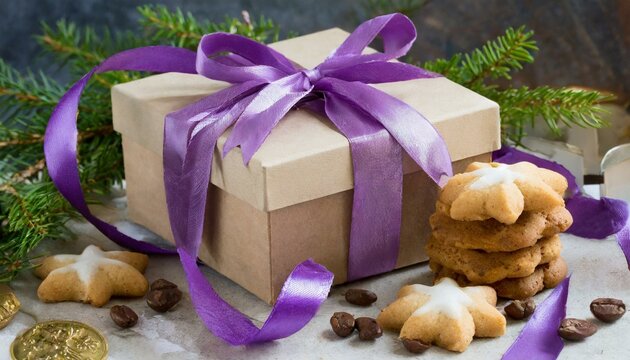 christmas gift box with christmas decorations, christmas cookies and gifts, christmas cookies and gifts, A gift box with a purple ribbon and some cookies, Ai Generate