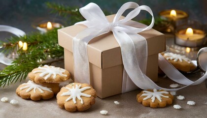christmas gift boxes, A gift box with a white ribbon and some cookies, Ai Generate  - Powered by Adobe